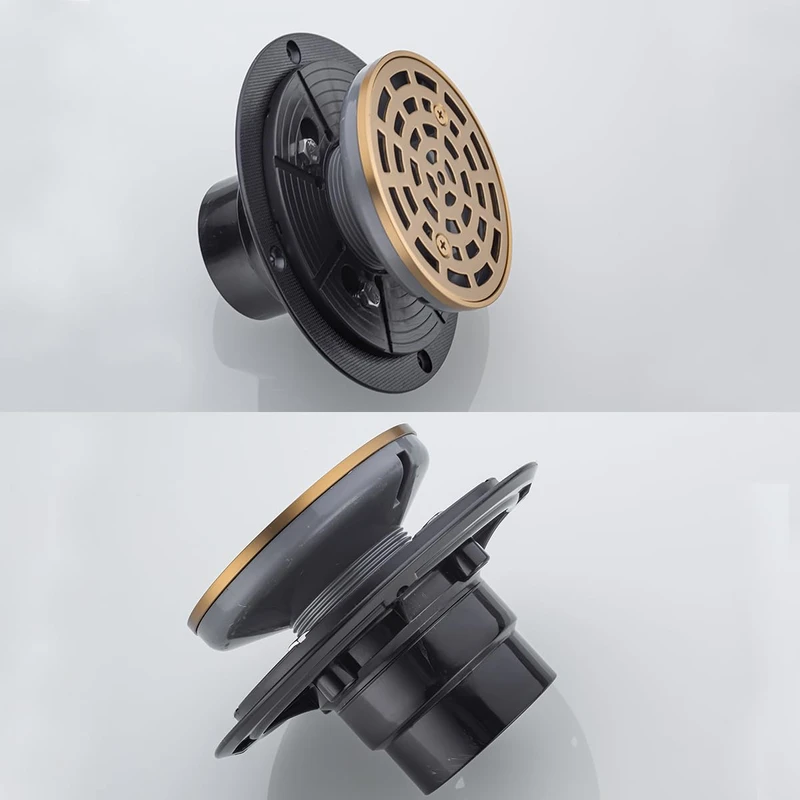 RANDOM Round Shower Drain SUS304 Stainless Steel Champagne Bronze Shower Drain 4 inch with Adjustable PVC Base Flange,Shower Floor Drain with Removable Cover Grid Grate 