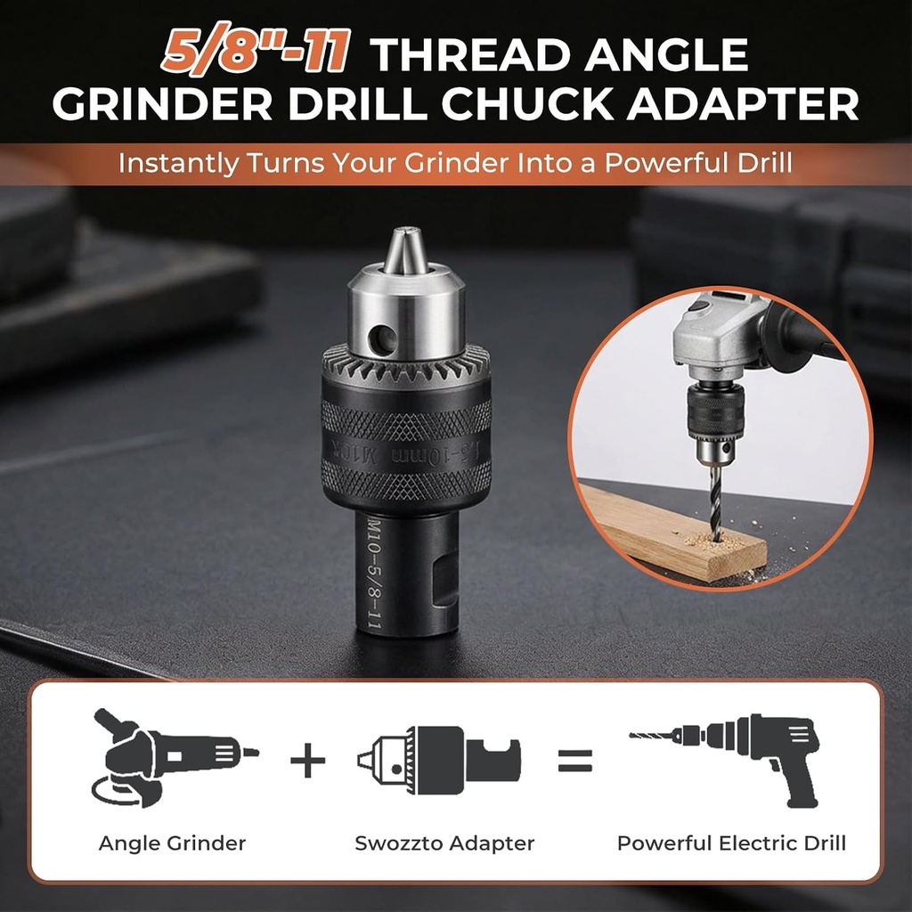 5/8"-11 Thread Angle Grinder Conversion Kit,1/16''-3/8'' Metal Drill Chuck | 1/16''-3/8'' Metal Drill Chuck,Angle Grinder Drill Chuck Adapter Compatible With Round Shank And 1/4 Hex Shank