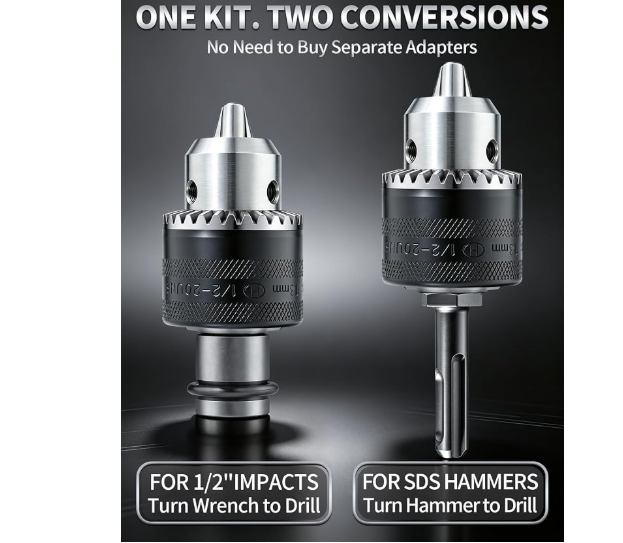 1/2" Keyed Drill Chuck Adapter Kit for Impact Wrench & SDS Plus | Includes SDS plus shank & 1/2" impact driver socket adapter. The perfect impact drill adapter for rotary hammer conversion.