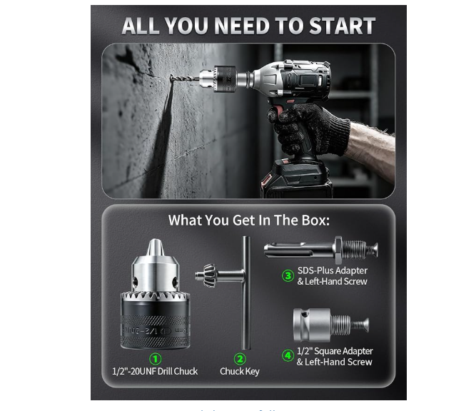 1/2" Keyed Drill Chuck Adapter Kit for Impact Wrench & SDS Plus | Includes SDS plus shank & 1/2" impact driver socket adapter. The perfect impact drill adapter for rotary hammer conversion.