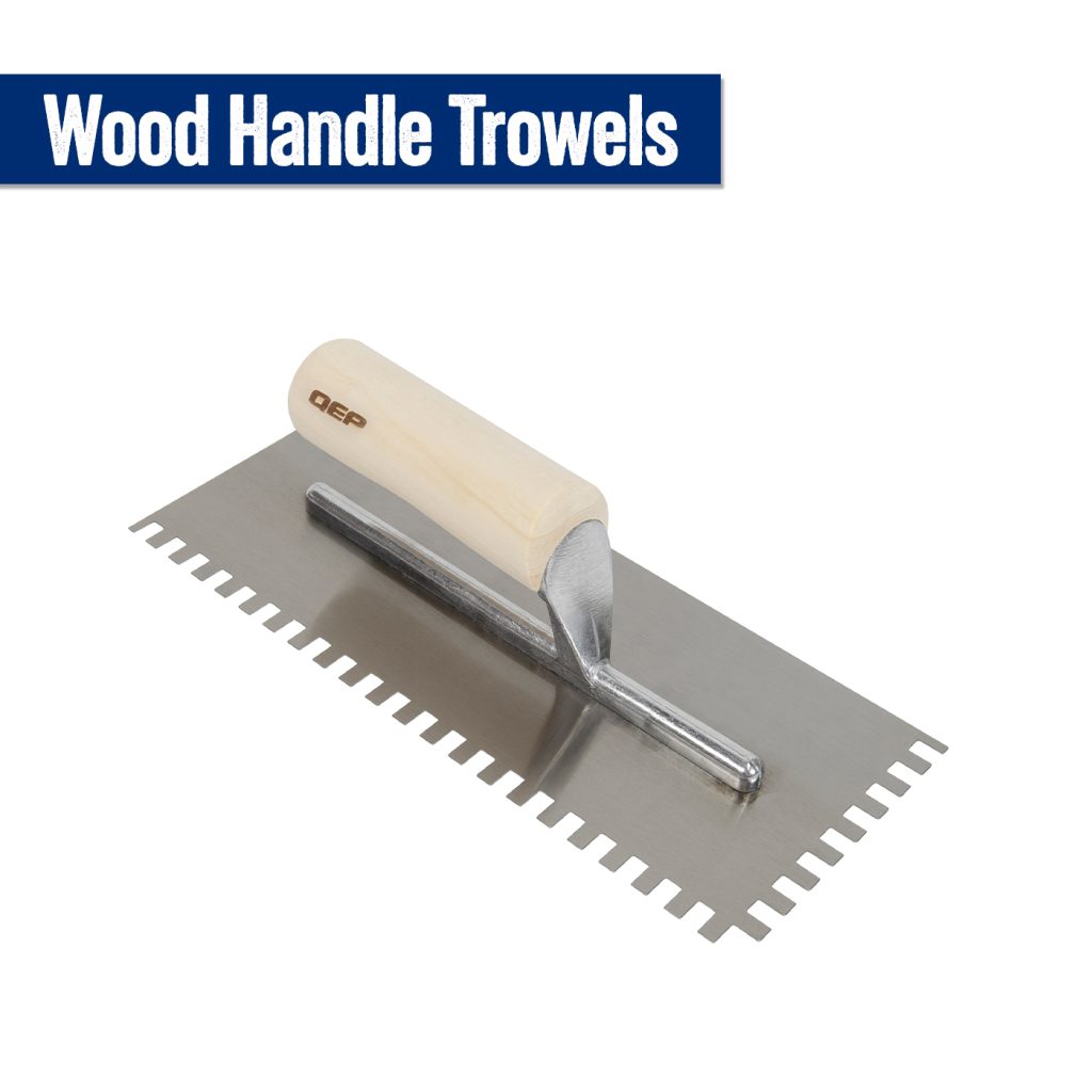 Wooden handle trowel, 1/2 x 1/2 x 1/2 square notch 
