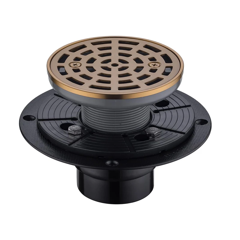 RANDOM Round Shower Drain SUS304 Stainless Steel Champagne Bronze Shower Drain 4 inch with Adjustable PVC Base Flange, Removable Cover Grid Grate 