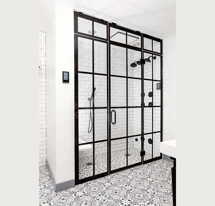 VISTA  Grid Showers- Glass Traditional Color  Matte Black- 3/8″ or 1/2″ thickness- Print on interior or exterior shower glass surface- Custom colors & textures available